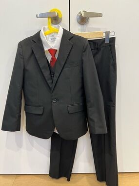 Classic Black Boys' 5-Piece Suit with Red Tie.